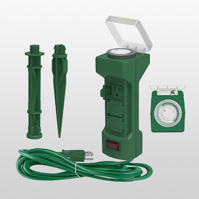 LPU06FA 6 prises pour l'extérieur saisonnier - Utilisez un cordon connecté avec des fermetures de sortie à fermeture automatique et le dessus avec une minuterie mécanique.
