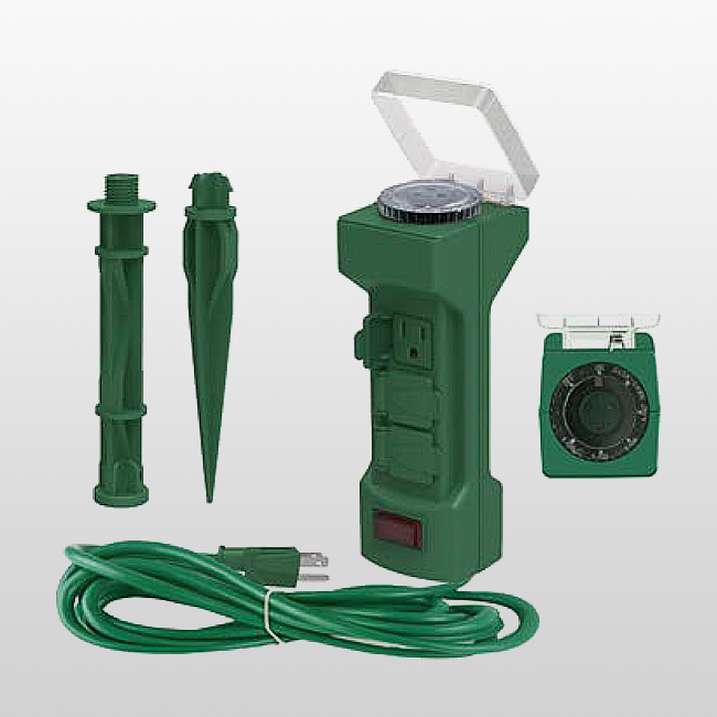 LPU06FB 6 prises extérieures saisonnières - Utilisez un cordon connecté avec des fermetures de prise à fermeture automatique et le dessus avec une minuterie électrique.